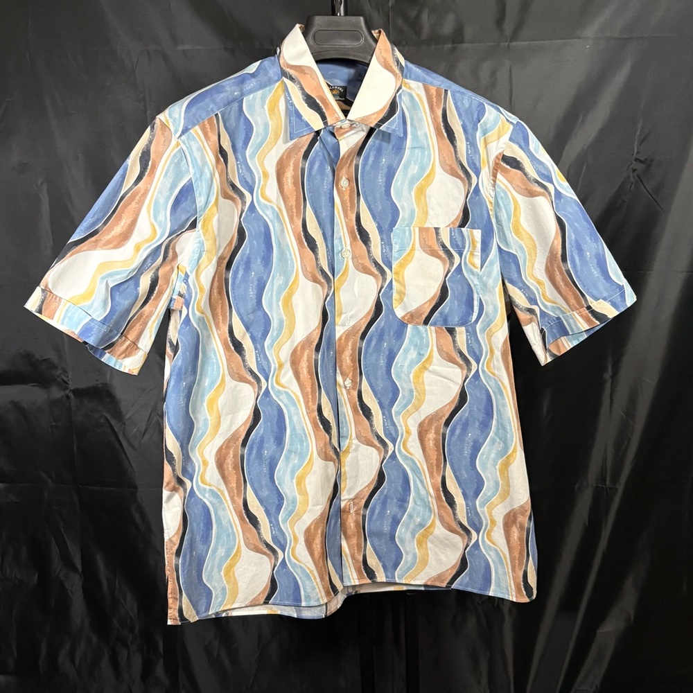 Maus & Hoffman Men's Casual Blue and Tan Wave Shirt Made in Italy Sz L - Picture 2 of 10
